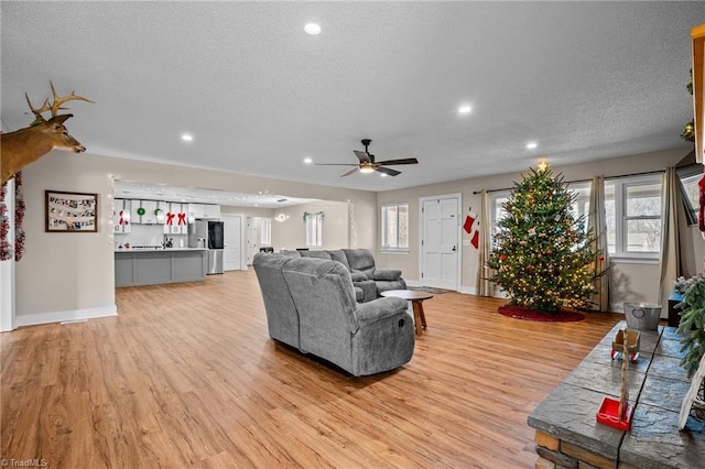 living room with ceiling fan, a textured ceiling, and light hardwood / wood-style flooring