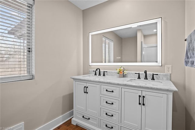 bathroom featuring vanity and wood-type flooring