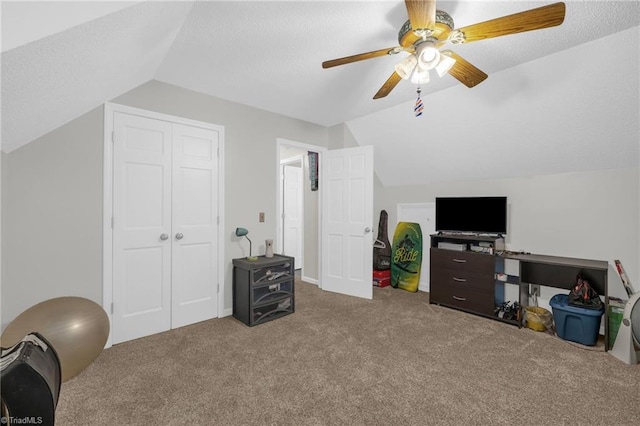 5001 Robert Andrew Rd, Greensboro, NC 27406 - game room with lofted ceiling, carpet, a ceiling fan, and a textured ceiling