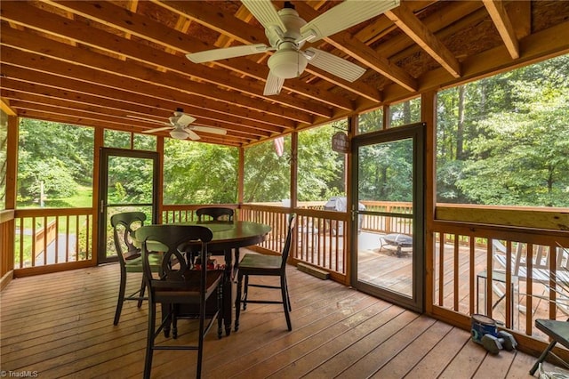 5001 Robert Andrew Rd, Greensboro, NC 27406 - sunroom featuring outdoor dining area, a ceiling fan, and healthy amount of natural light