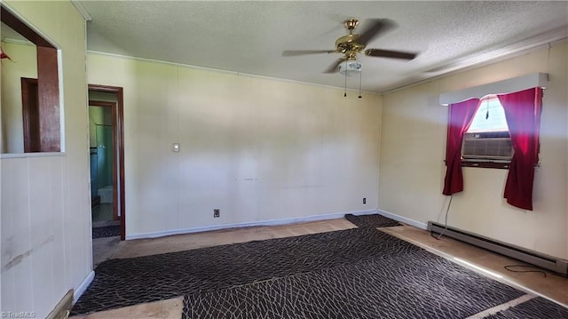 2308 Sprague St, Winston-Salem, NC 27107 - carpeted empty room featuring a ceiling fan, cooling unit, a textured ceiling, a baseboard heating unit, and baseboards