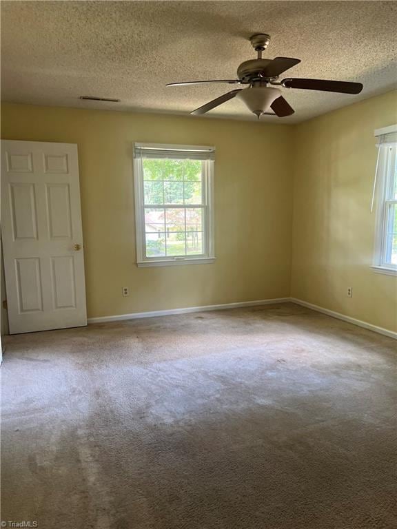 spare room featuring carpet, ceiling fan, a healthy amount of sunlight, and a textured ceiling