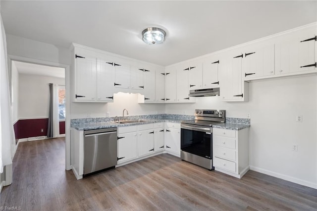 kitchen with sink, stainless steel appliances, hardwood / wood-style floors, and white cabinets