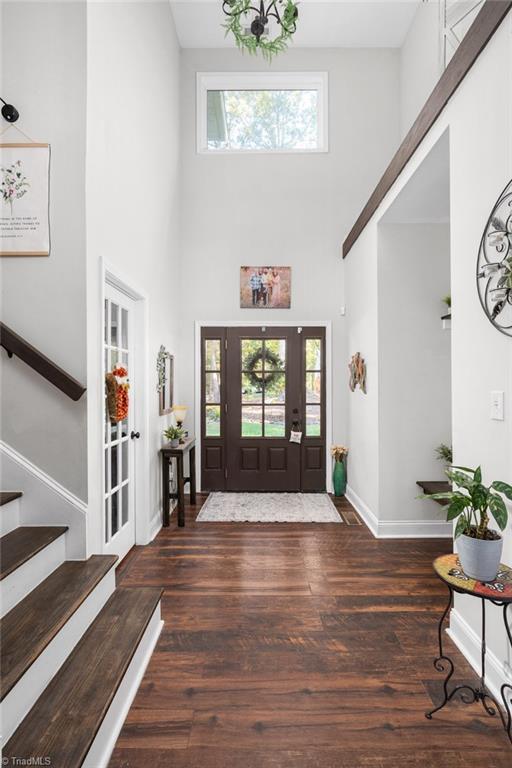 foyer with a towering ceiling and dark wood-type flooring