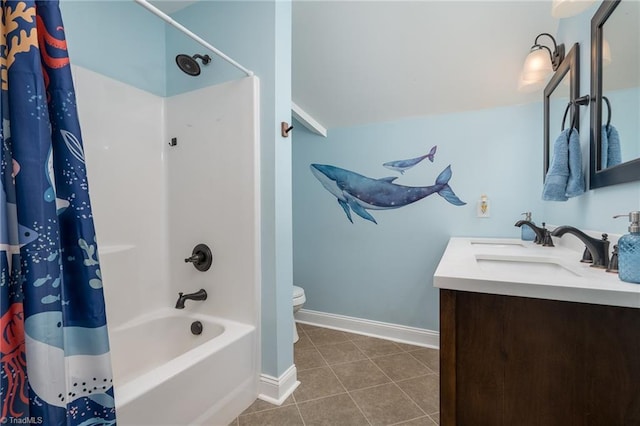 full bathroom with tile patterned flooring, vanity, shower / tub combo, and toilet