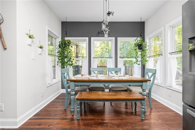 dining area with a wealth of natural light and dark wood-type flooring