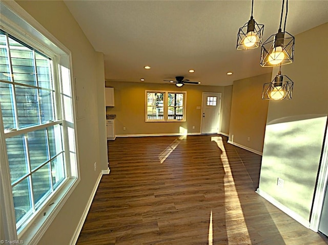 interior space with dark hardwood / wood-style flooring, plenty of natural light, and ceiling fan