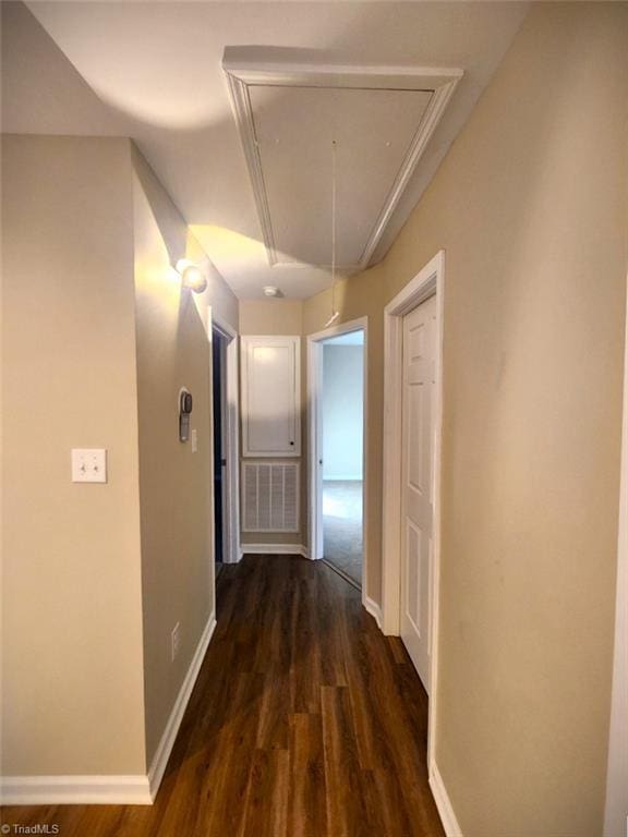 hallway with dark hardwood / wood-style flooring