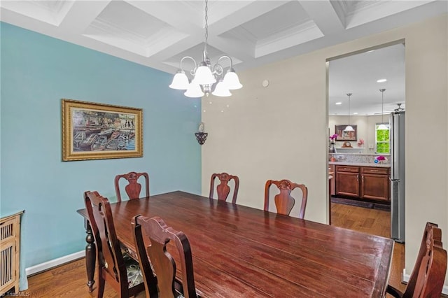 1934 Rubywood St, Greensboro, NC 27405 - dining room featuring beam ceiling, a chandelier, wood finished floors, and coffered ceiling