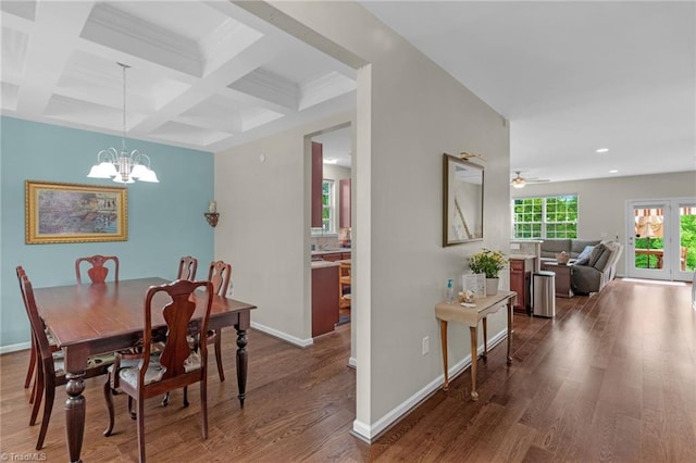 1934 Rubywood St, Greensboro, NC 27405 - dining space featuring an inviting chandelier, wood finished floors, beamed ceiling, recessed lighting, and coffered ceiling