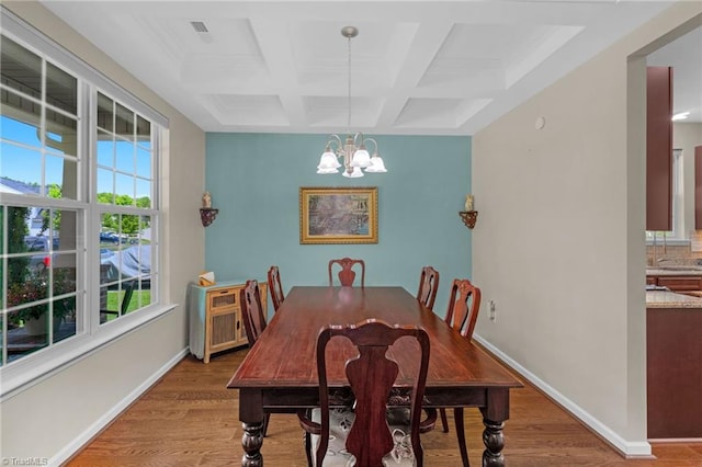 1934 Rubywood St, Greensboro, NC 27405 - dining room featuring coffered ceiling, a notable chandelier, light wood finished floors, and a healthy amount of sunlight