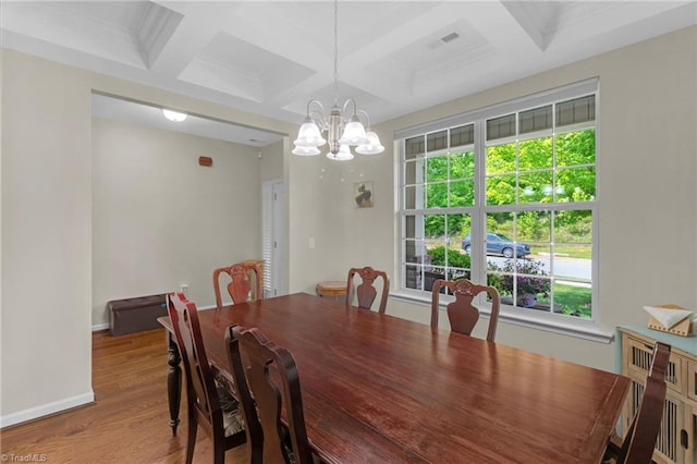 1934 Rubywood St, Greensboro, NC 27405 - dining room featuring an inviting chandelier, coffered ceiling, wood finished floors, and a healthy amount of sunlight