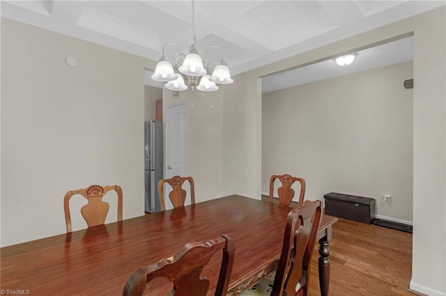 1934 Rubywood St, Greensboro, NC 27405 - dining area featuring wood finished floors, beam ceiling, baseboards, coffered ceiling, and a notable chandelier