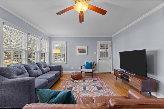 living room with ornamental molding, ceiling fan, and light hardwood / wood-style flooring