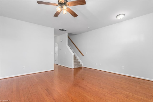 unfurnished living room with ceiling fan and light hardwood / wood-style flooring