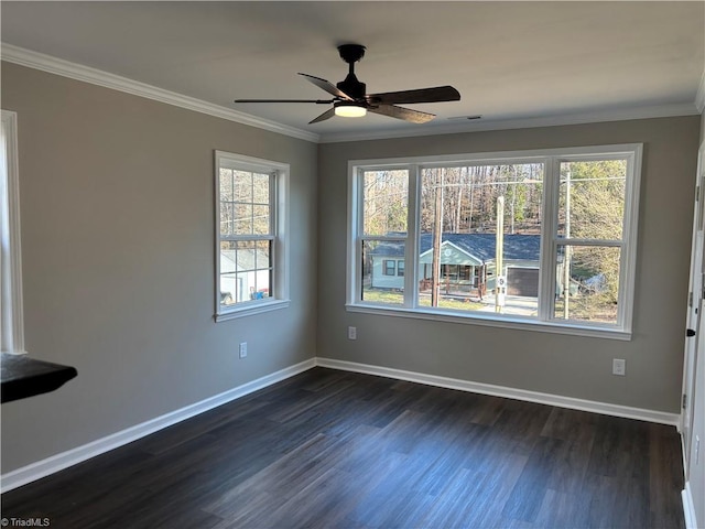 unfurnished room featuring crown molding, ceiling fan, and dark hardwood / wood-style floors