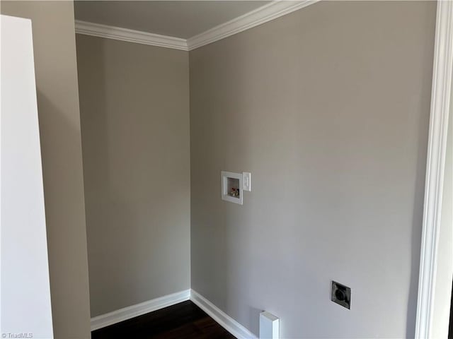 clothes washing area with electric dryer hookup, hookup for a washing machine, dark wood-type flooring, and ornamental molding