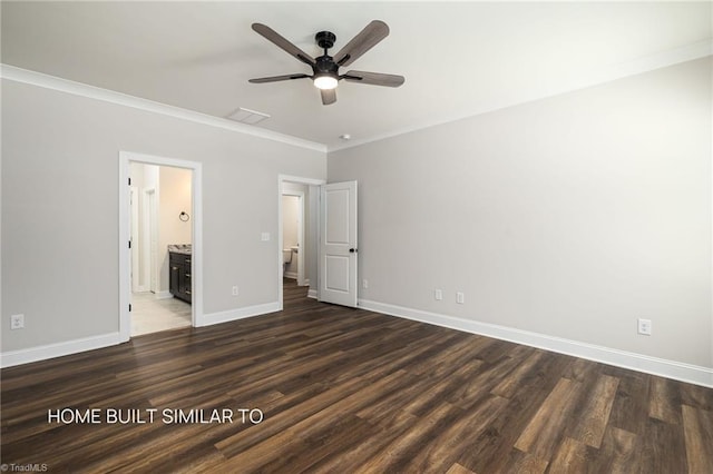 6963 Orchard Path Dr, Clemmons, NC 27012 - unfurnished bedroom featuring dark wood-style floors, baseboards, ornamental molding, connected bathroom, and a ceiling fan
