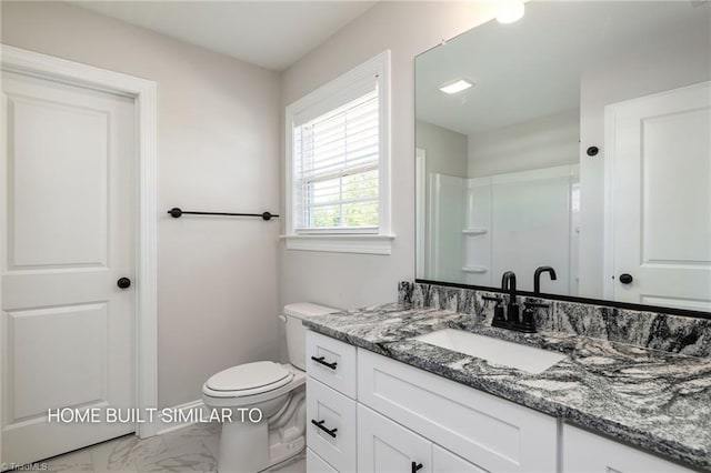 6963 Orchard Path Dr, Clemmons, NC 27012 - bathroom featuring marble finish flooring, toilet, vanity, a shower, and baseboards