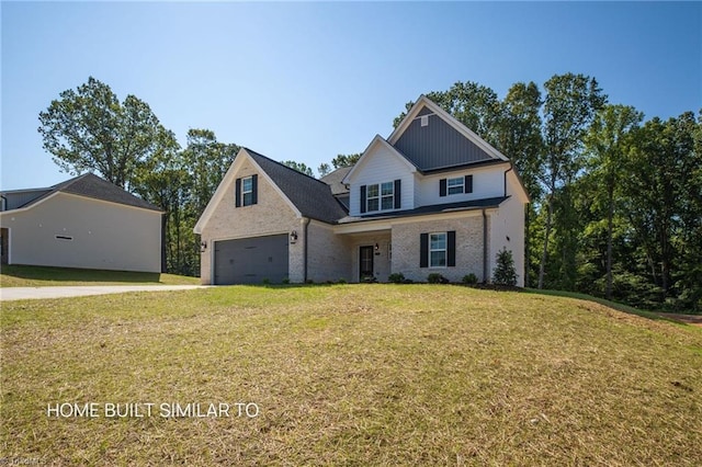 6963 Orchard Path Dr, Clemmons, NC 27012 - traditional-style house featuring a garage, a front lawn, brick siding, board and batten siding, and concrete driveway