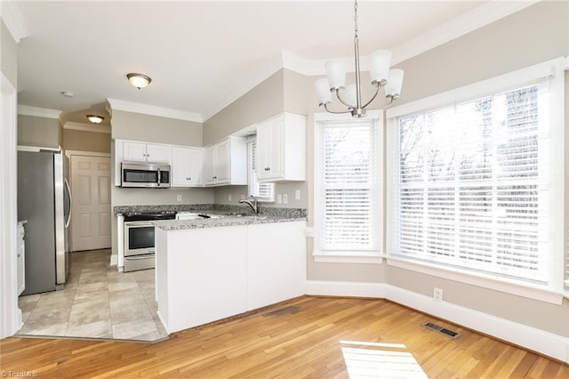 kitchen with visible vents, a peninsula, a sink, stainless steel appliances, and white cabinetry