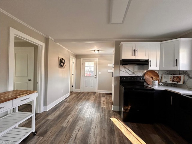 kitchen featuring ornamental molding, black electric range oven, under cabinet range hood, tasteful backsplash, and dark wood-style floors