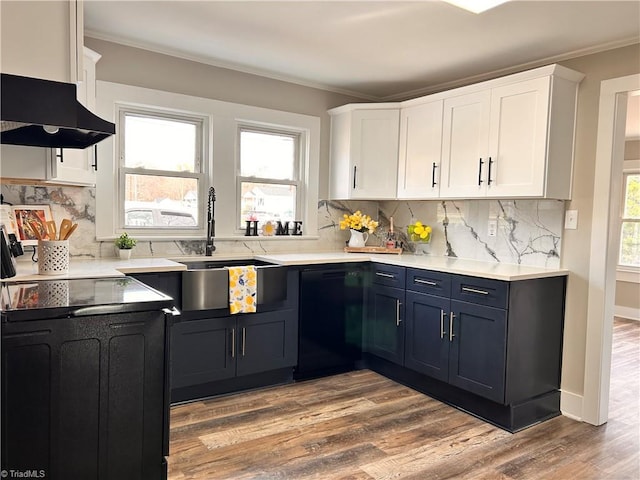 kitchen with wood finished floors, ornamental molding, black appliances, and a sink