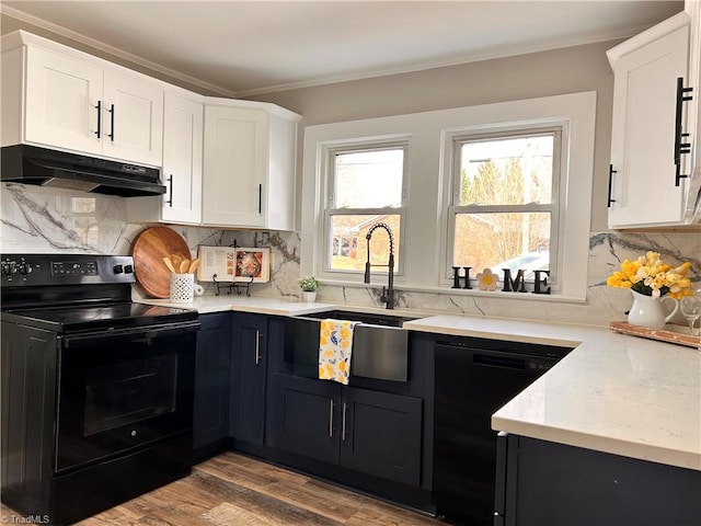 kitchen featuring under cabinet range hood, black appliances, crown molding, and a sink