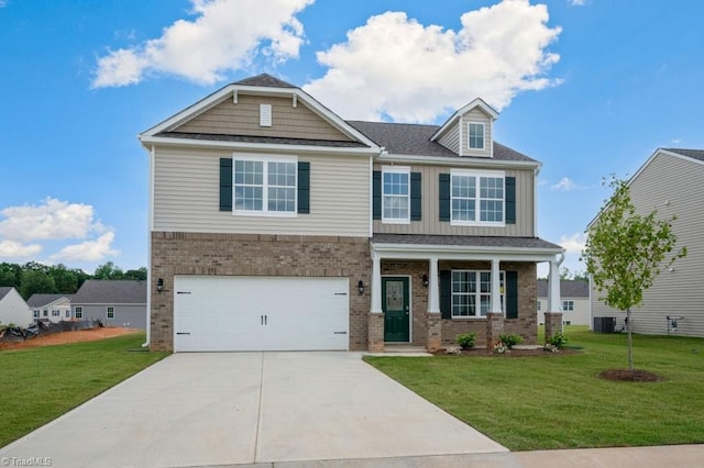 craftsman-style house with central AC unit, a garage, a front yard, and a porch