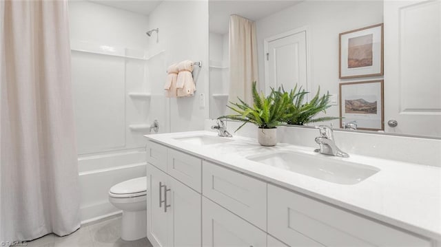 full bathroom featuring vanity, shower / bath combo, tile patterned floors, and toilet