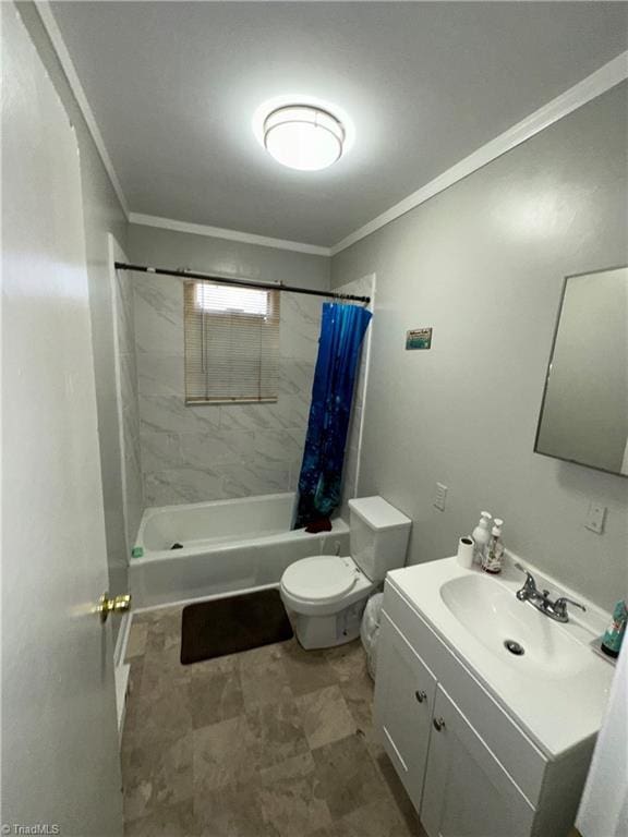 bathroom featuring toilet, shower / bathtub combination with curtain, crown molding, and vanity