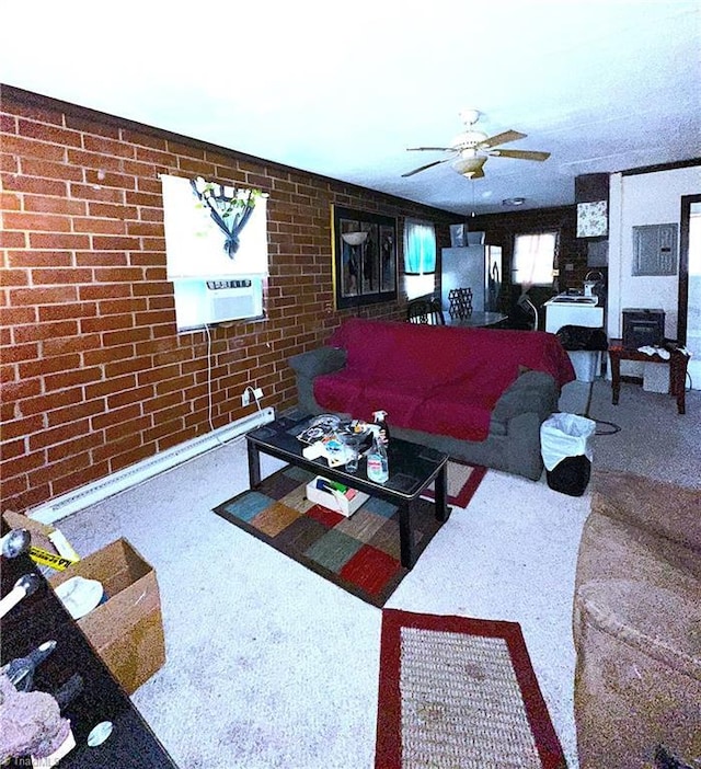 carpeted living room with cooling unit and a ceiling fan