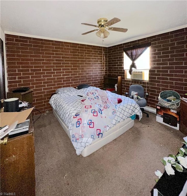 bedroom with carpet, brick wall, and ceiling fan