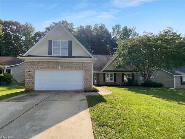 615 Walnut Crossing Dr, Whitsett, NC 27377 - traditional-style home featuring brick siding, concrete driveway, a front yard, and an attached garage