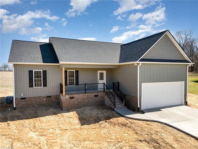 ranch-style house with a garage, crawl space, driveway, and a shingled roof