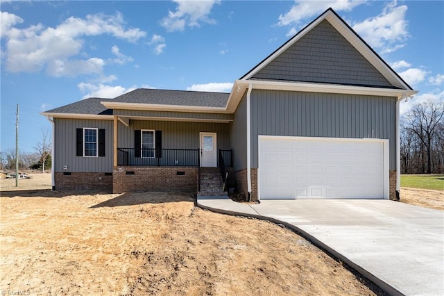 single story home featuring covered porch, a garage, driveway, roof with shingles, and crawl space