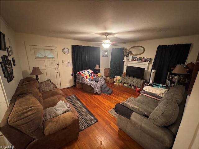 4679 S NC Highway 18, Moravian Falls, NC 28654 - living area with wood finished floors, ceiling fan, and a fireplace