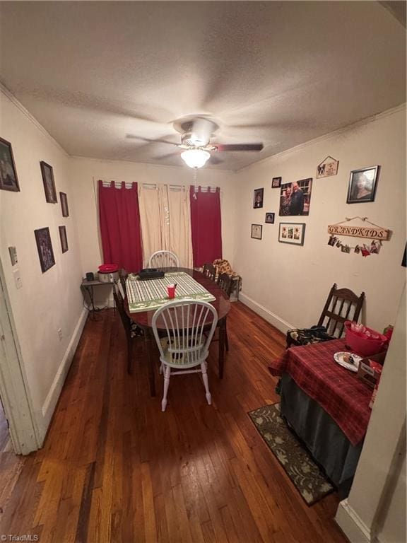 4679 S NC Highway 18, Moravian Falls, NC 28654 - dining space featuring hardwood / wood-style flooring, a textured ceiling, baseboards, ceiling fan, and ornamental molding