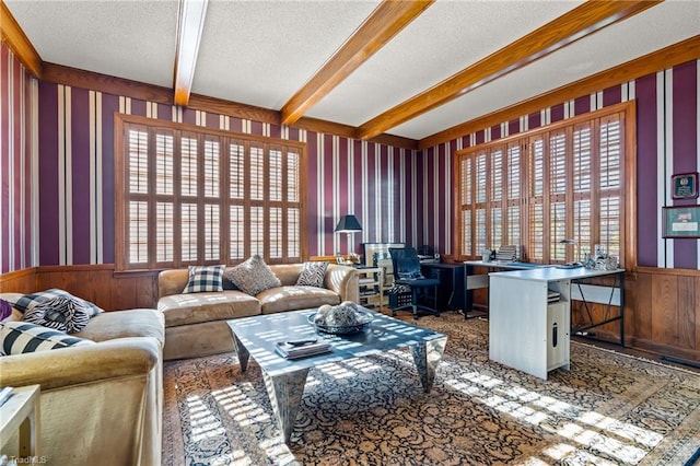 living room featuring beam ceiling, a textured ceiling, and a wealth of natural light