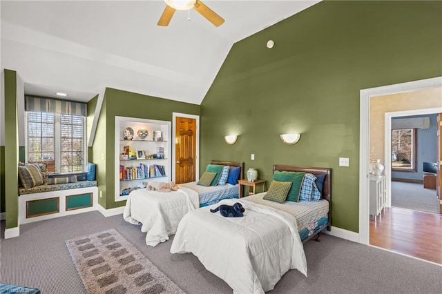 bedroom featuring carpet flooring, ceiling fan, and lofted ceiling