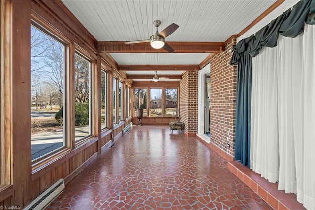 unfurnished sunroom with beam ceiling, baseboard heating, and ceiling fan