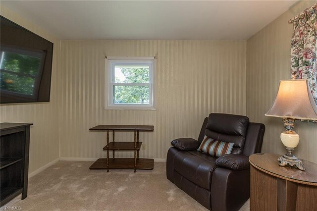 living area featuring light colored carpet