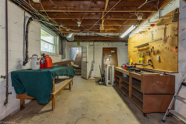 basement with a workshop area