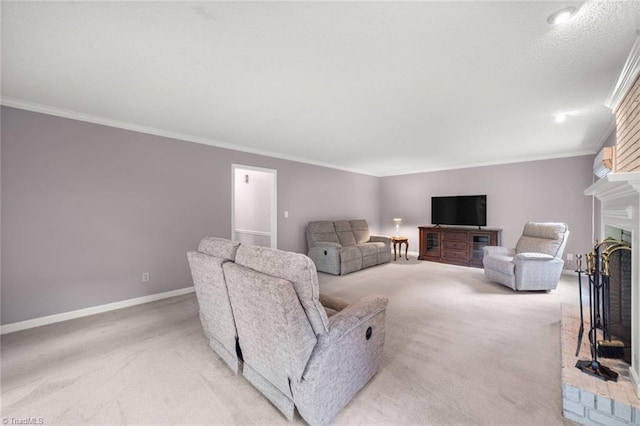 living room with light colored carpet, a fireplace with raised hearth, crown molding, and baseboards