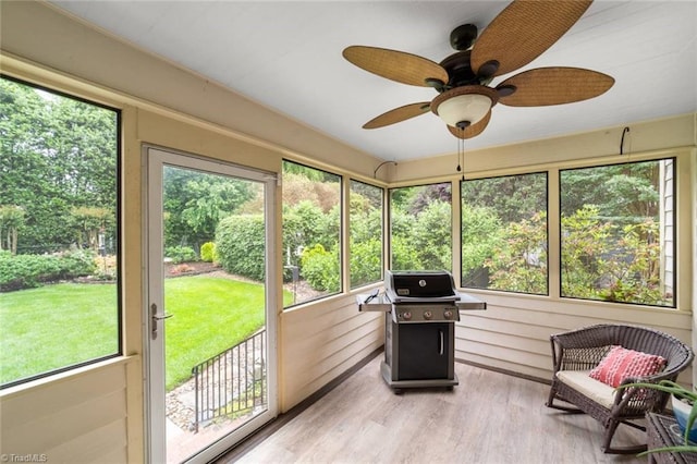 sunroom with ceiling fan