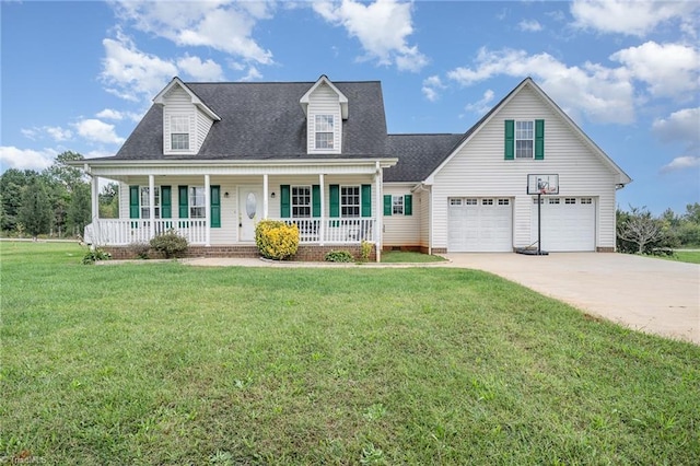 new england style home featuring a garage, a front yard, and covered porch