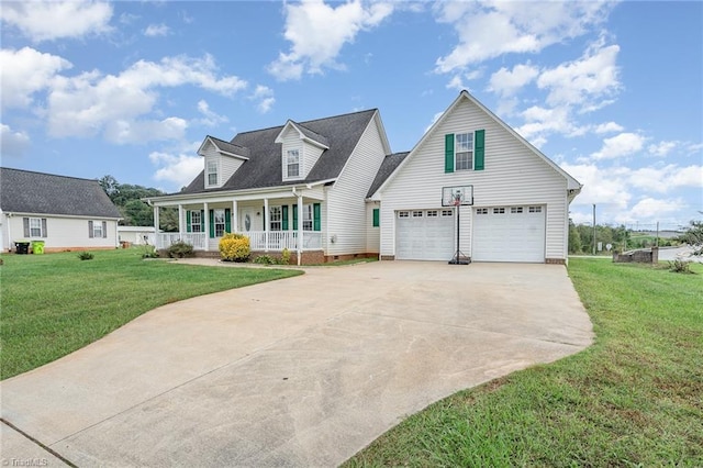 cape cod house with a porch, a garage, and a front yard