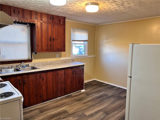 kitchen with sink, dark hardwood / wood-style floors, white appliances, and ornamental molding