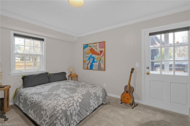 bedroom with light carpet and ornamental molding