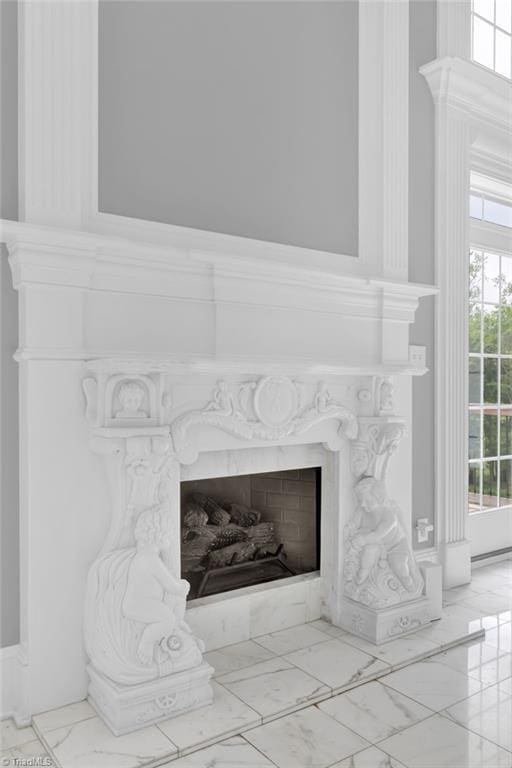 interior details with a fireplace